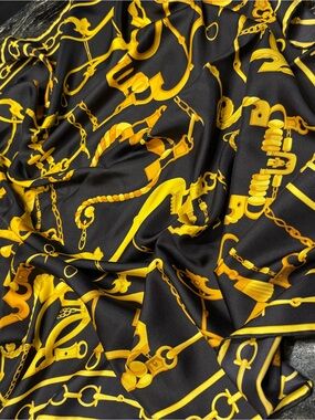 Black Satin Scarf with Bold Gold Chain Print Gucci
